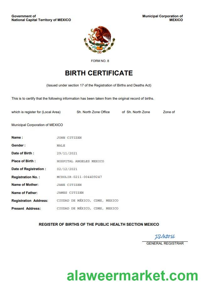 Mexico birth certificate Word and PDF template